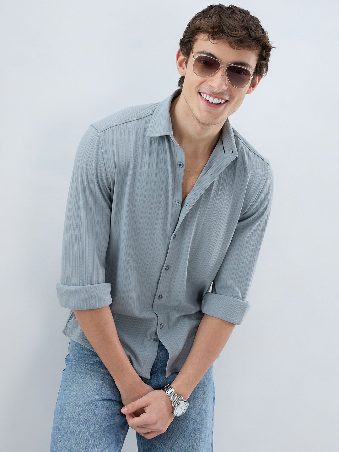 Classic Grey Fine Vertical Ribbed Knitted Shirt