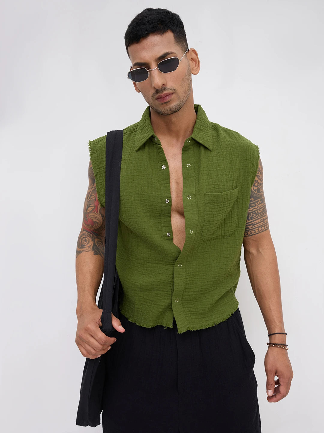 Evergreen Double Cloth Sleevless Crop Shirt