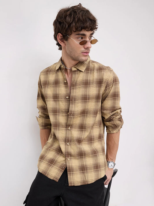 Brown Seersucker Checkered Shirt