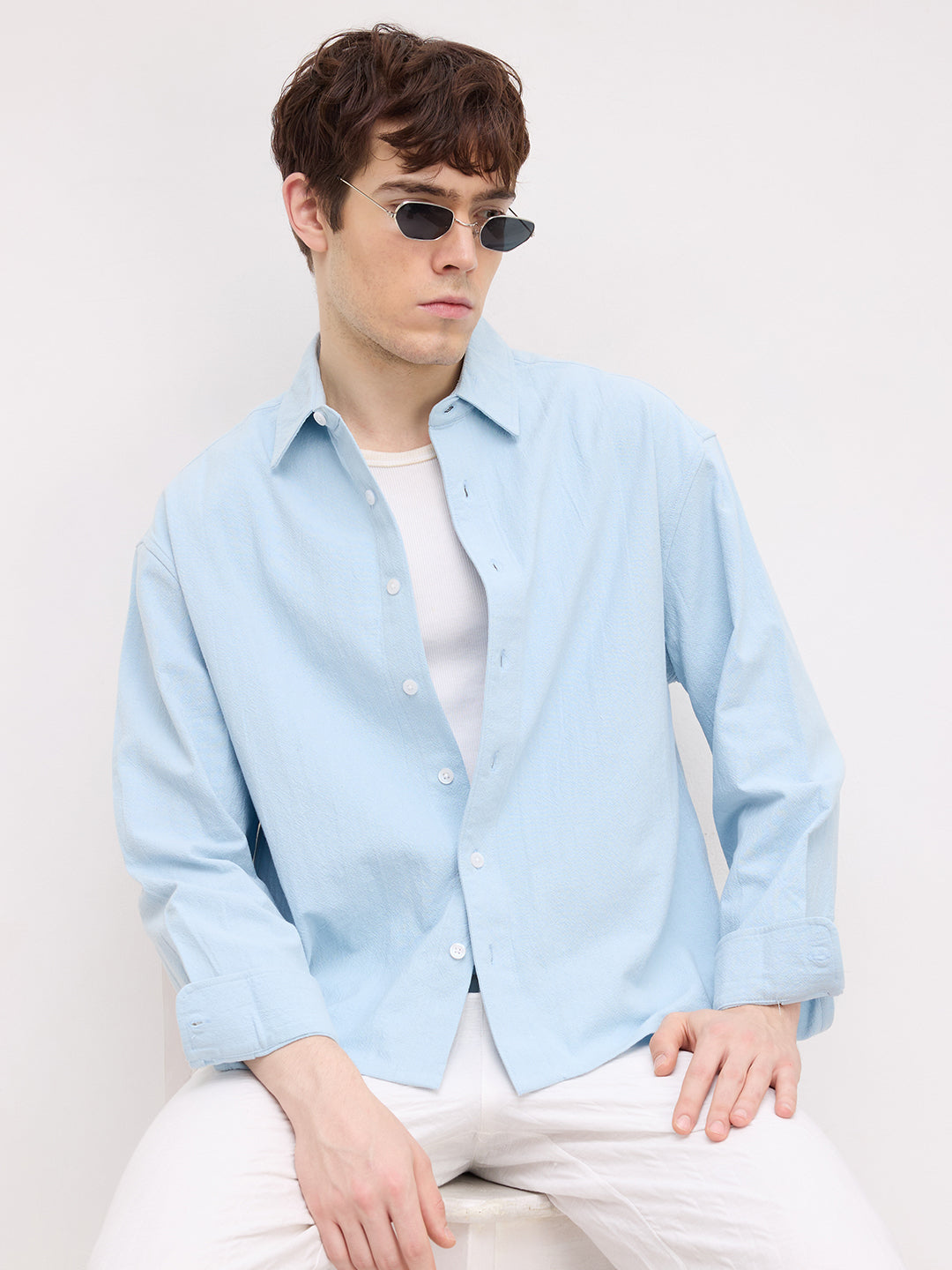 Refreshing Aqua Blue Solid Boxy Fit Crop Shirt