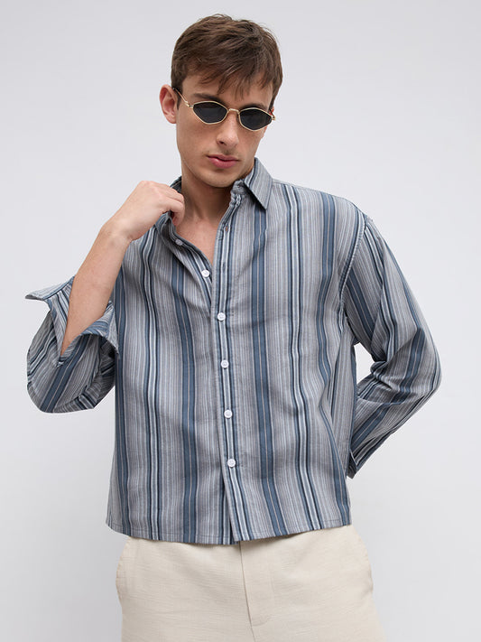Slate Blue Multi Striped Boxy Fit Crop Shirt