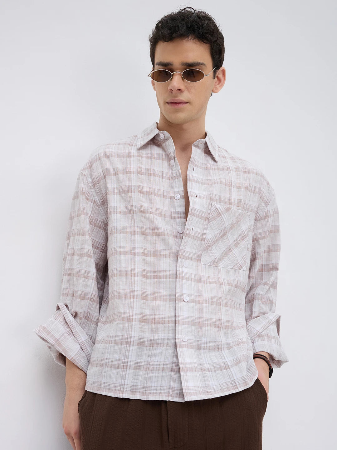 Taupe Brown Fine Checks Weave Oversized Crop Shirt