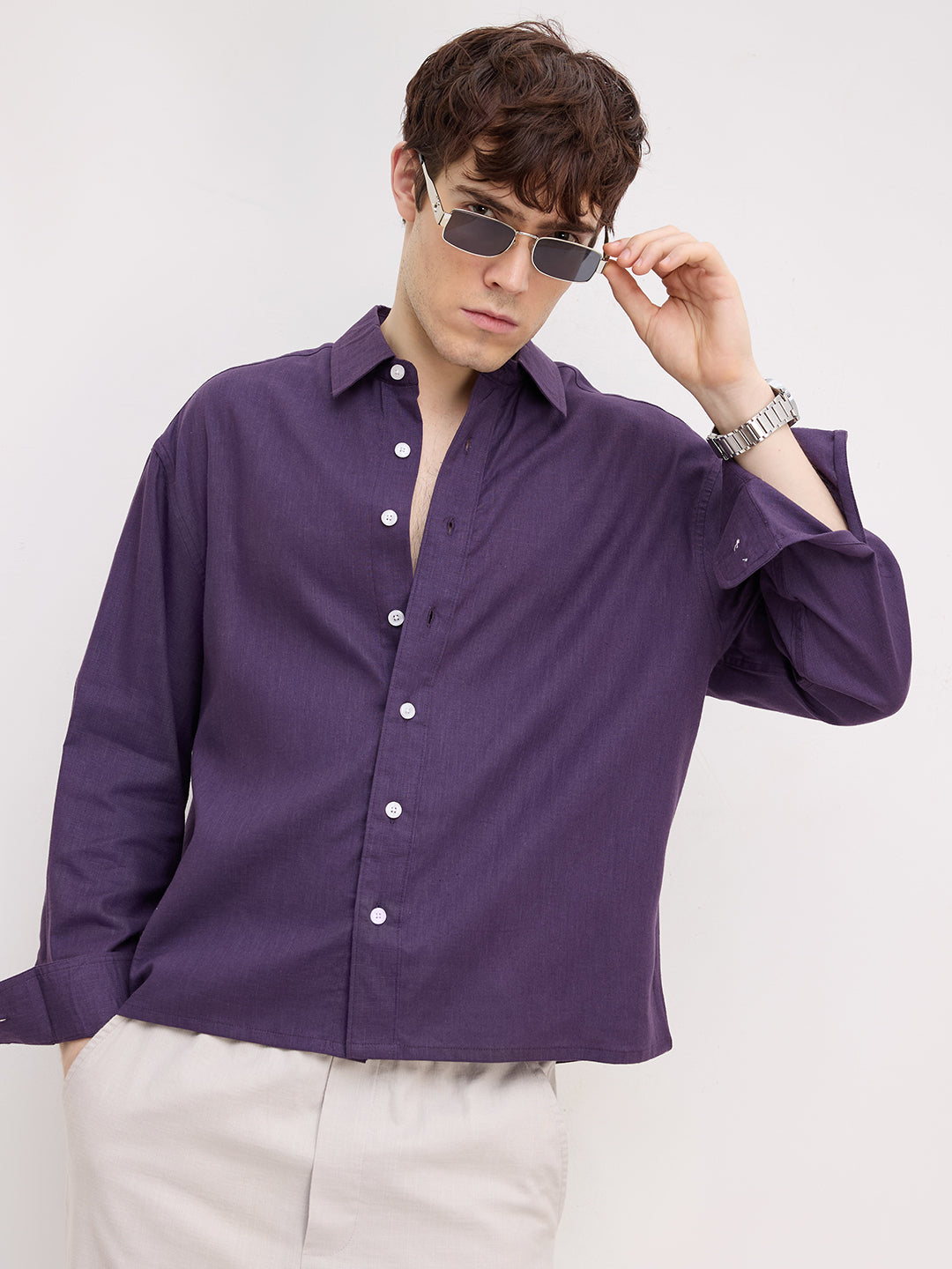Matte Purple Fine Textured Boxy Fit Crop Shirt
