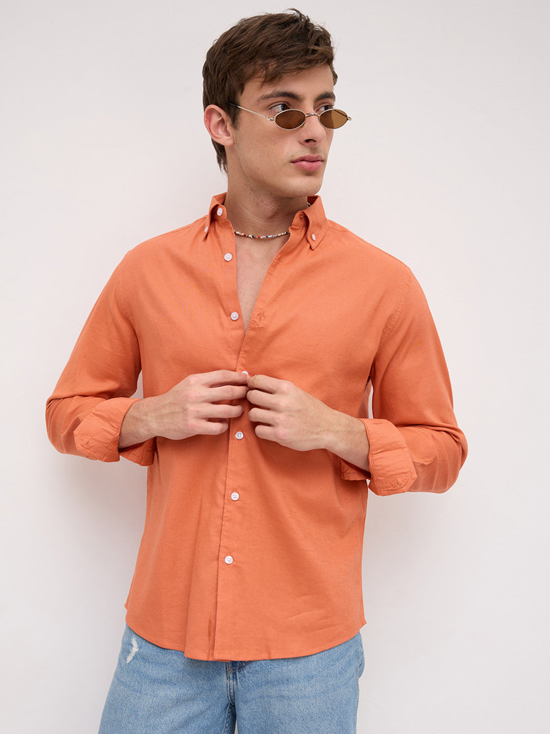 Firey Orange Oxford Linen Blend Button-Down Collar Shirt