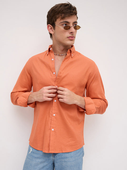 Firey Orange Oxford Linen Blend Button-Down Collar Shirt