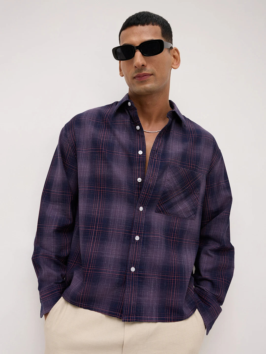Iconic Purple & Copper Plaid Checks Boxy Fit Crop Shirt