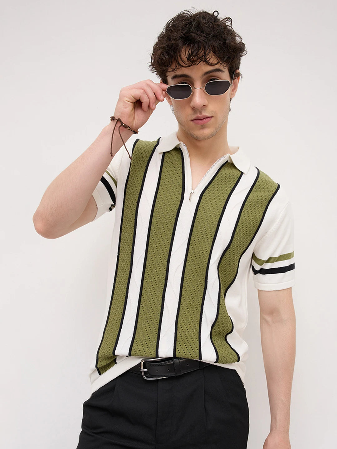 White Artisian Panel Striped Polo Zip Flat Knit T-shirt