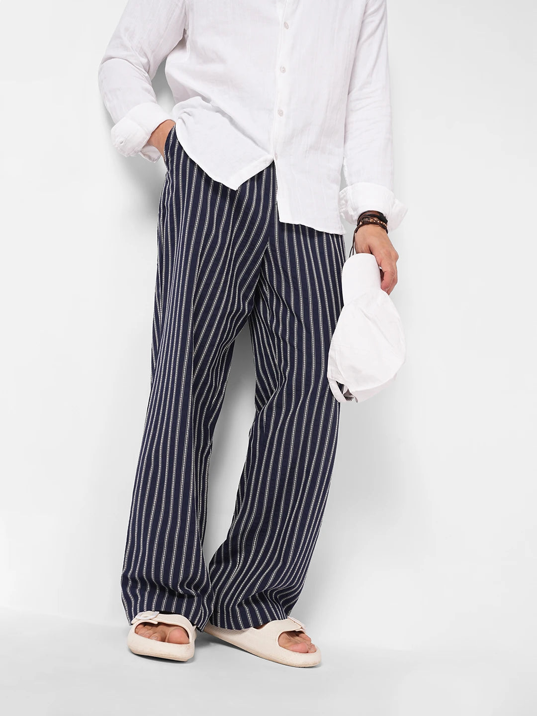 Navy Artisan Fine Embroidered Seersucker Striped Straight Fit Trousers