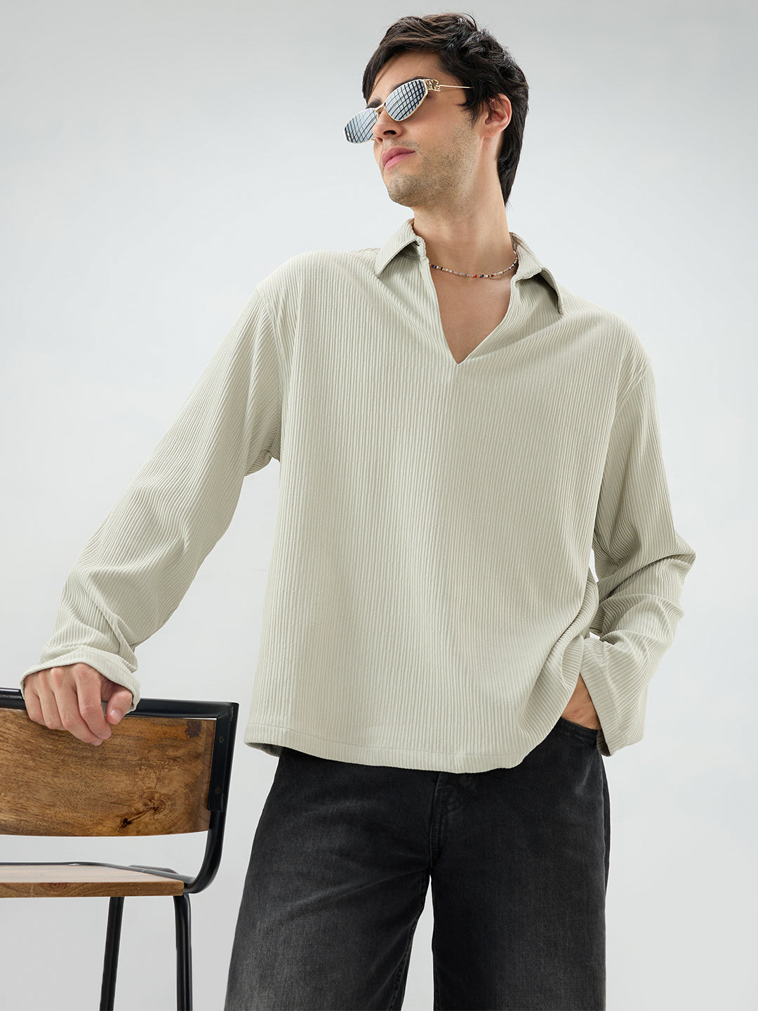 Sage Green Precision Ribbed Oversized Polo Knitted Shirt