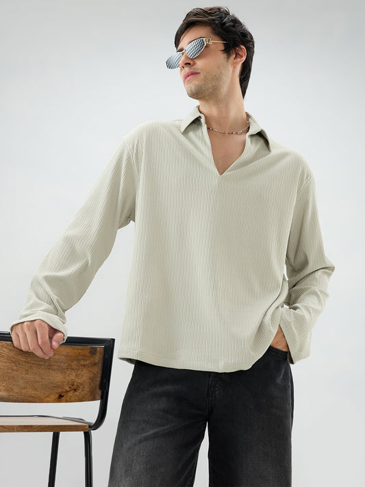 Sage Green Precision Ribbed Oversized Polo Knitted Shirt