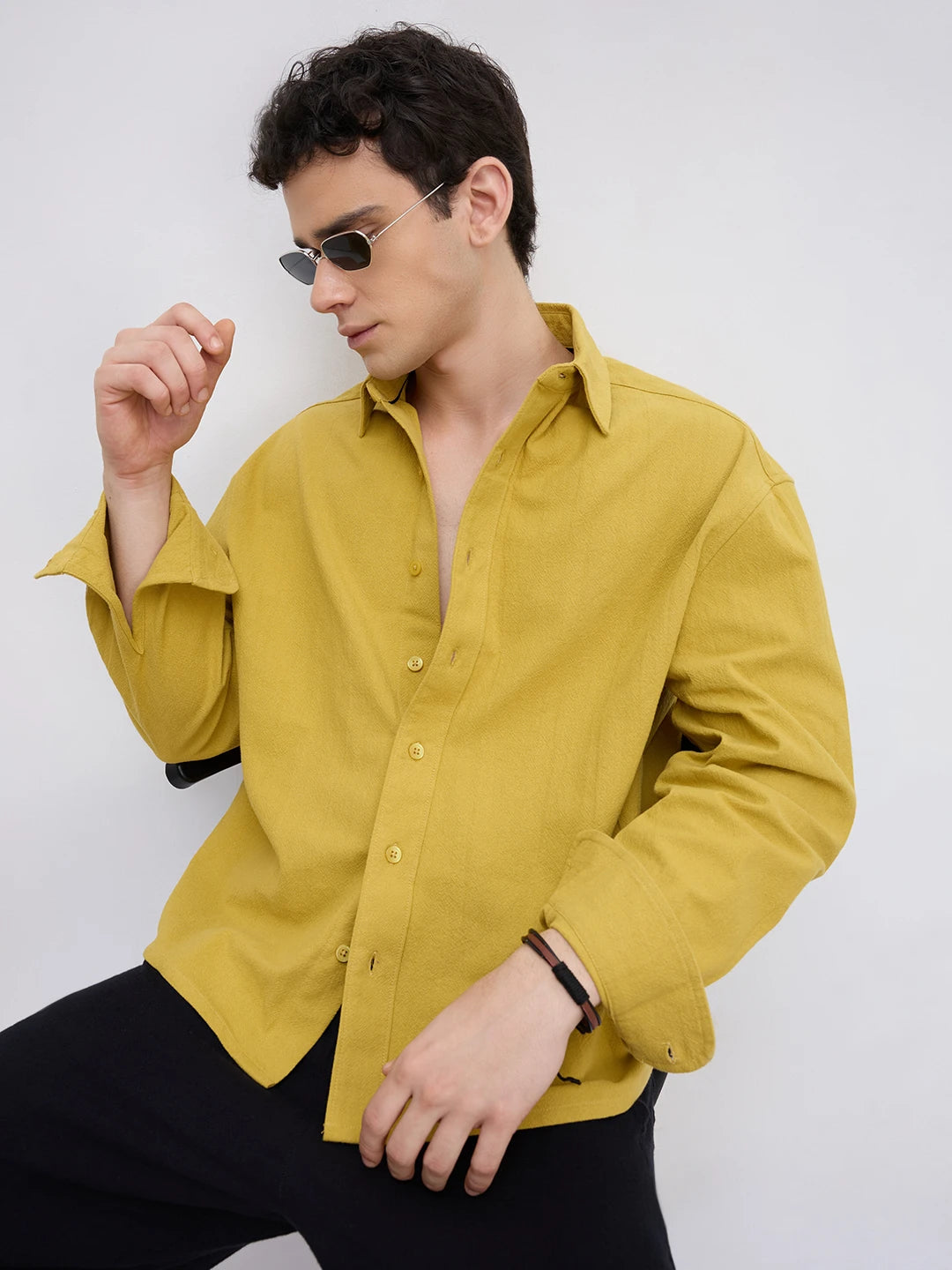 Intricate Dijon Yellow Textured Boxy Fit Crop Shirt
