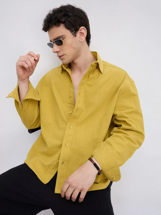 Intricate Dijon Yellow Textured Boxy Fit Crop Shirt