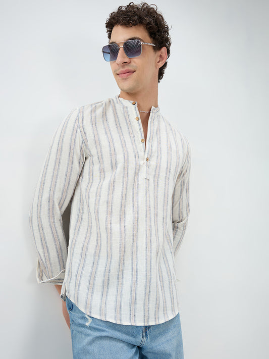 Ivory & Navy Multi-Line Vertical Striped Kurta