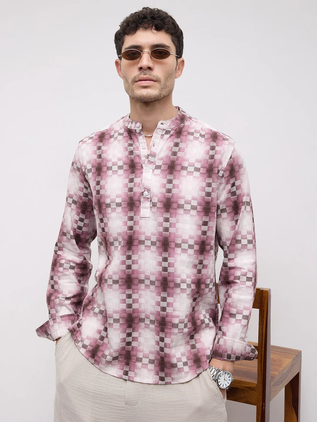 Turkish Rose Pink Pixel Block Checks Kurta