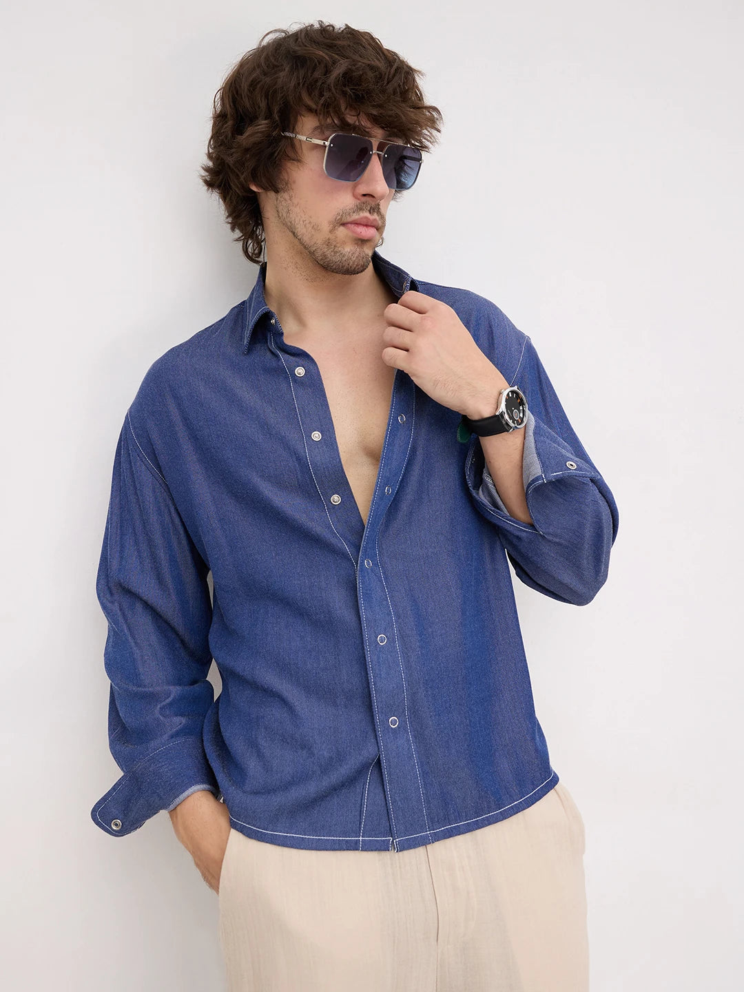 Navy Soft Sheen Woven Contrast Stitch Boxy Fit Crop Shirt