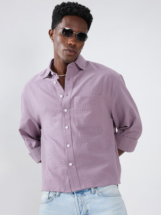 Soft Mauve Micro Grid Jacquard Weave Boxy Fit Crop Shirt