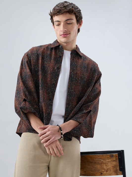 Sanjh Shaam Glossy Brown Textured Cuffless Oversized Crop Shirt