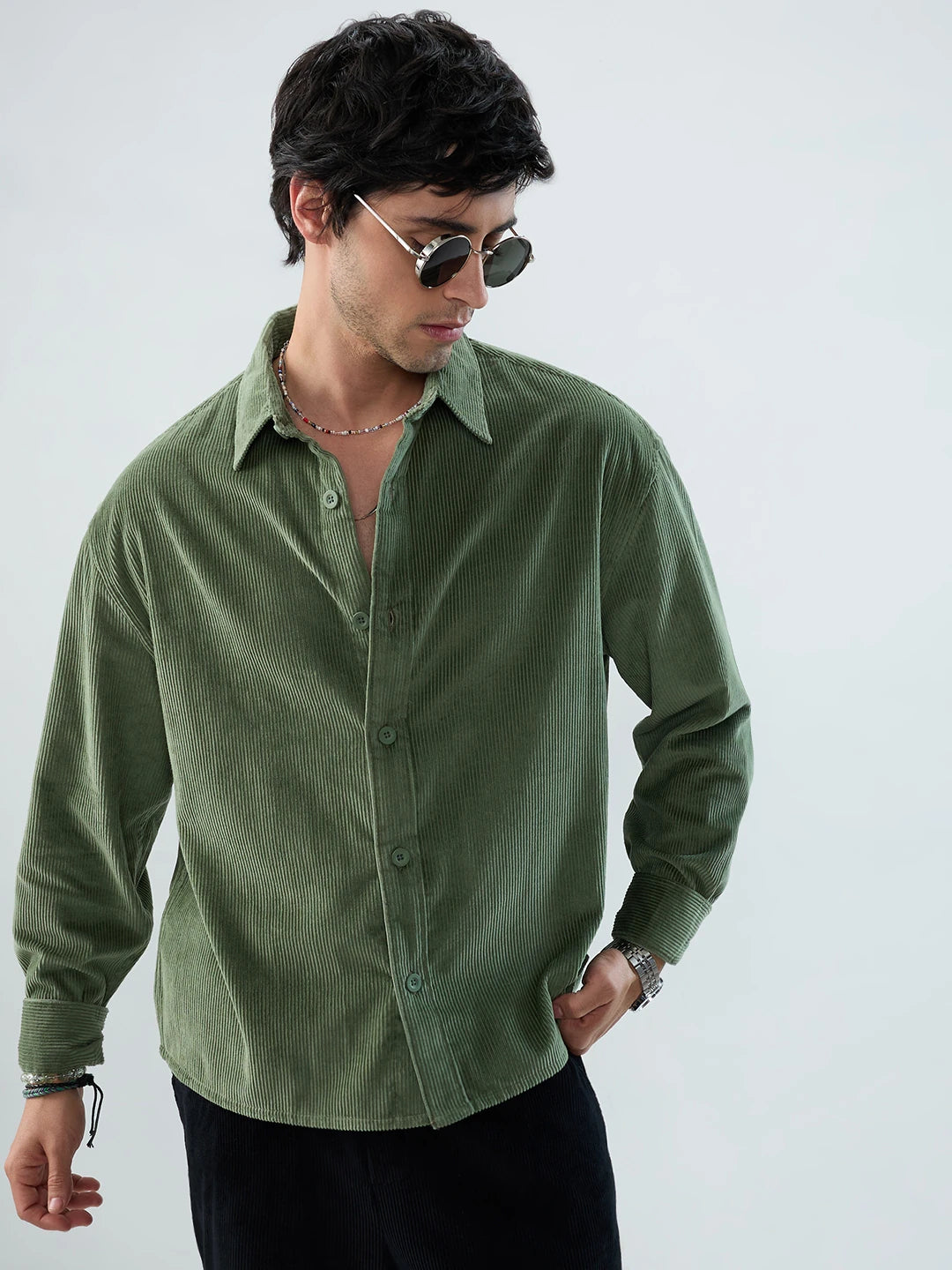 Pickle Green Corduroy Boxy Fit Crop Shirt
