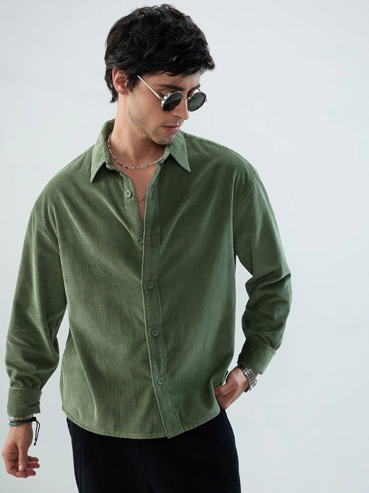 Pickle Green Corduroy Boxy Fit Crop Shirt