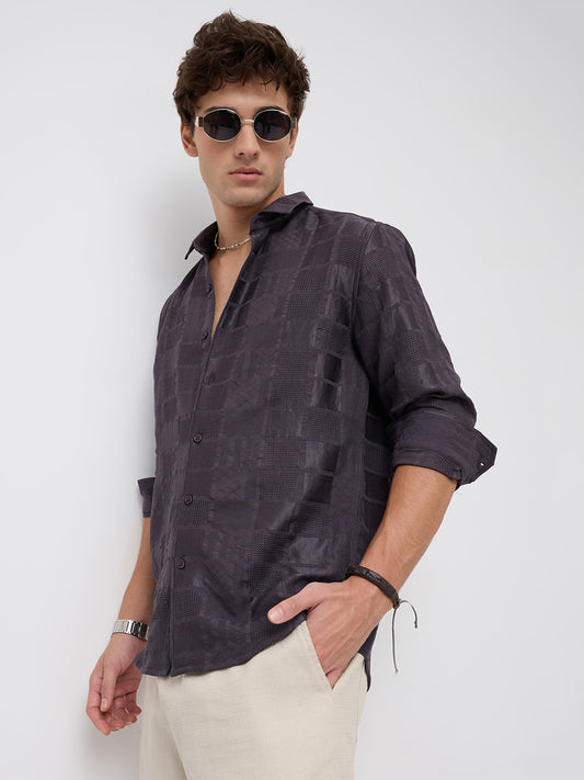 Charcoal Grey Block Checks Motif Embossed Shirt