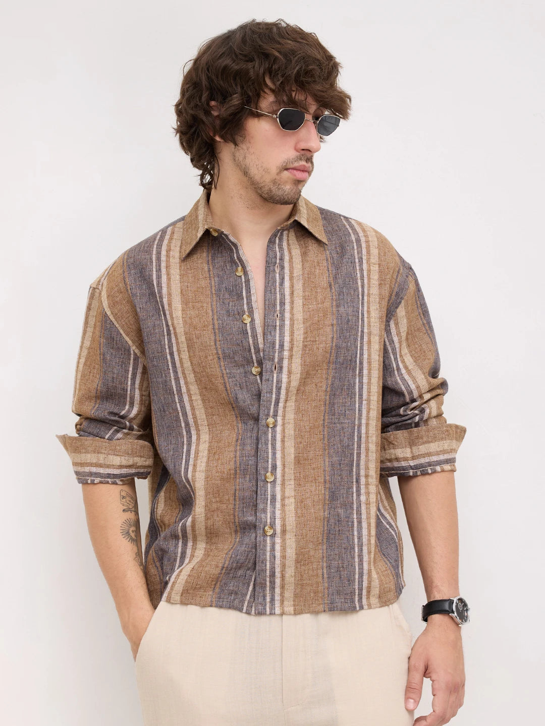 Earthy Brown & Navy Textured Striped Boxy Fit Crop Shirt
