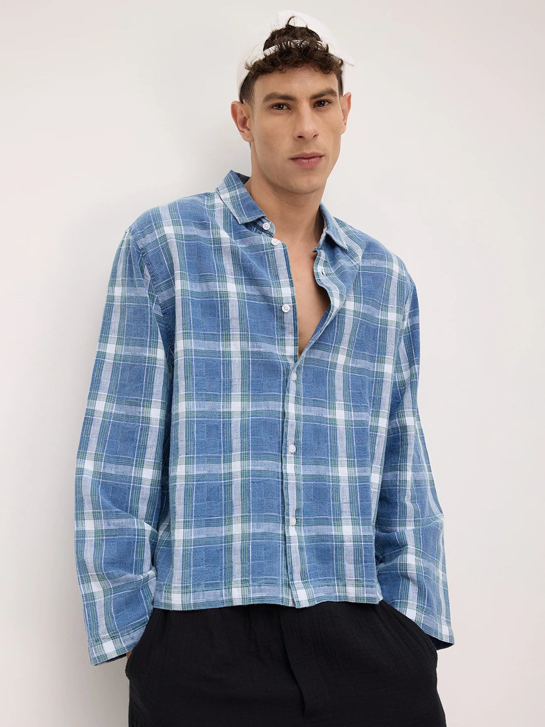 Timeless Denim Plaid Checks Cuffless Oversized Shirt