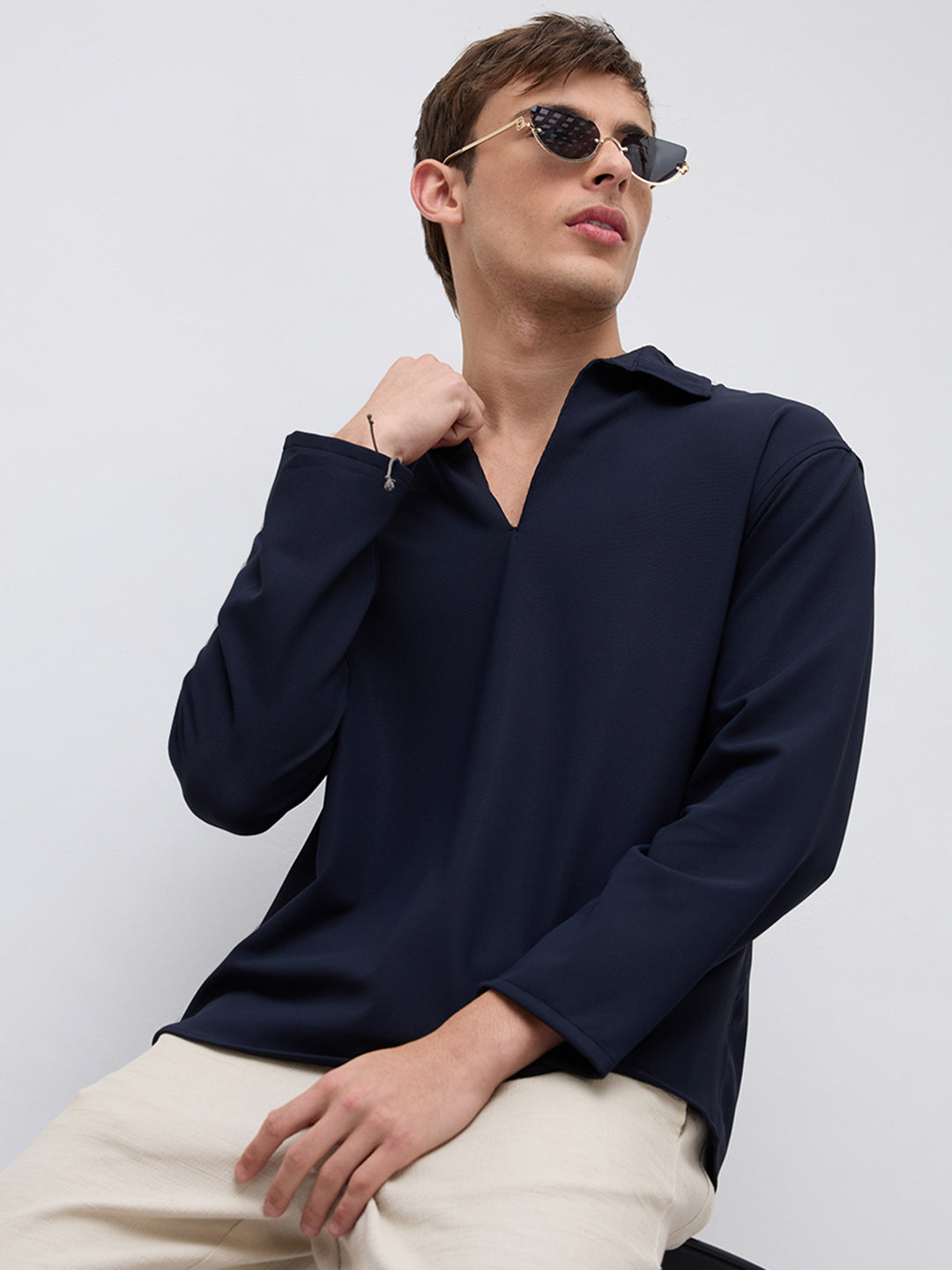 Navy Oversized Polo Tencel Knit Shirt