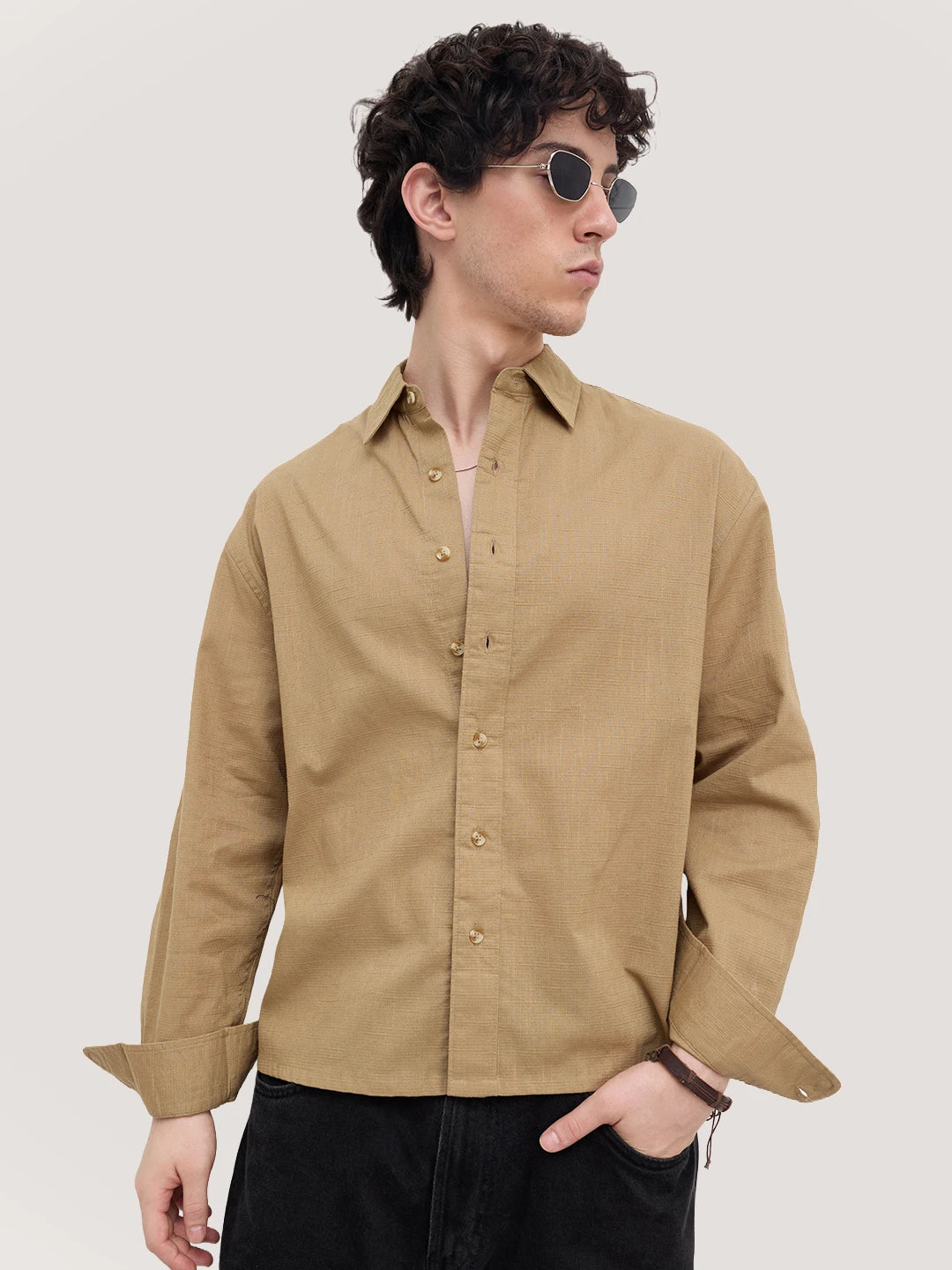 Rich Khaki Micro Square Textured Boxy Fit Crop Shirt