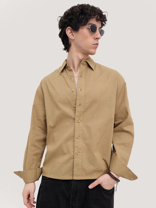 Rich Khaki Micro Square Textured Boxy Fit Crop Shirt