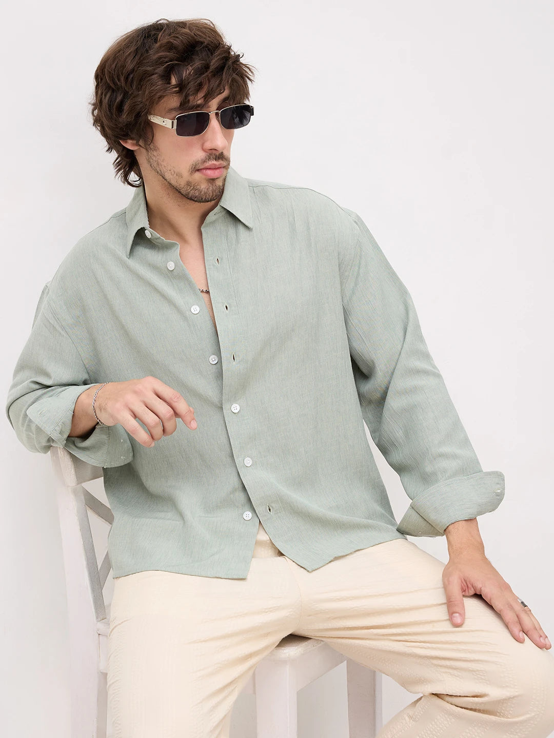 Serene Sage Green Finegrain Weave Boxy Fit Crop Shirt