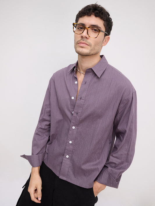Purplish Mauve Fine Textured Boxy Fit Crop Shirt