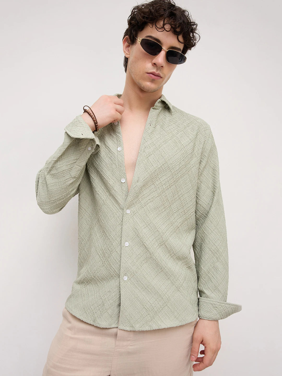 Pistachio Mist Trellis Weave Textured Shirt