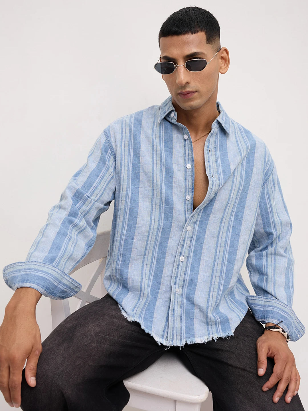 Distressed Hem Denim Blue Variegated Striped Boxy Fit Crop Shirt