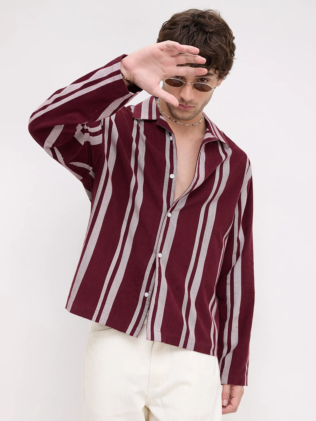 Luxe Maroon Contrast Striped Corduroy Notch Collar Oversized Shirt