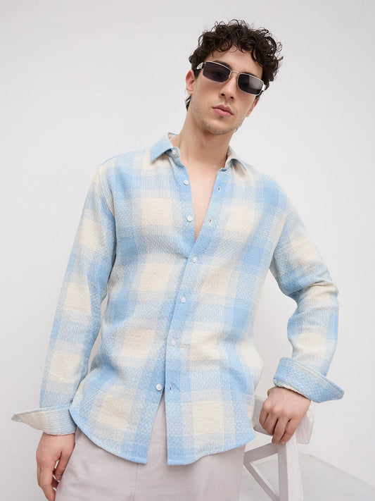 Blue Interlock Weave Plaid Checks Shirt