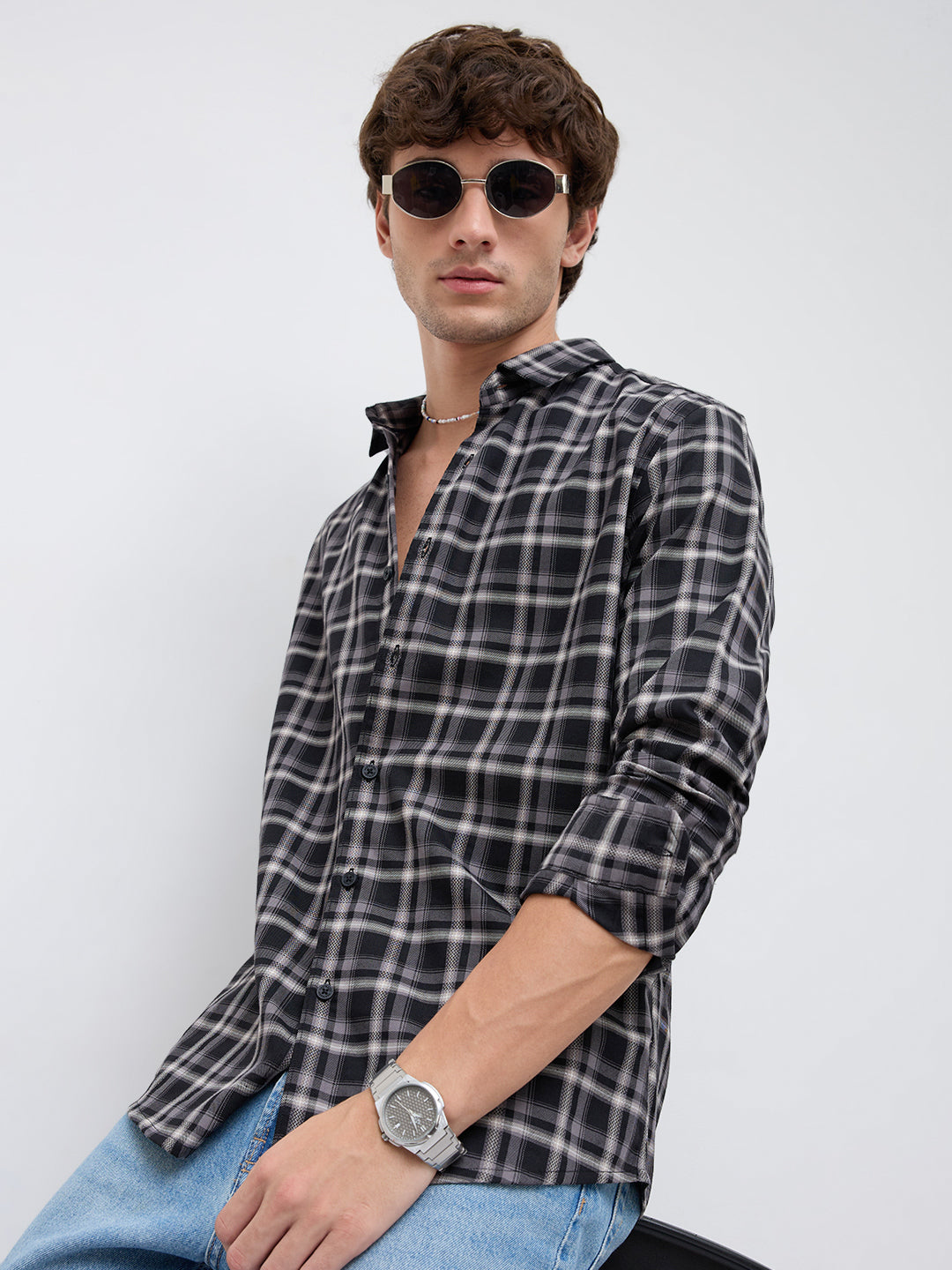 Black & Grey Tartan Checked Relaxed Shirt