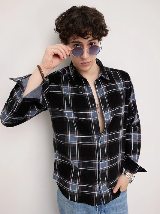 Refined Black & Blue Corduroy Plaid Checks Flannel Shirt