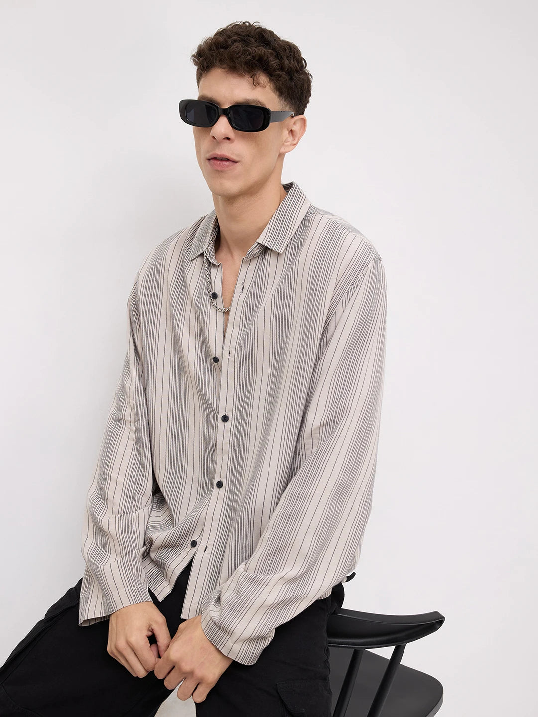 Soft Taupe Beige Striped Cuffless Oversized Shirt