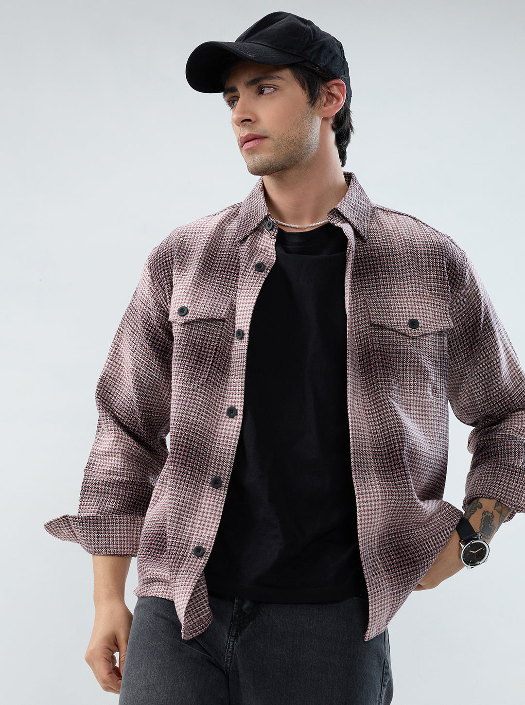 Old-School Red & Black Houndstooth Twin Pocket Flannel Shirt