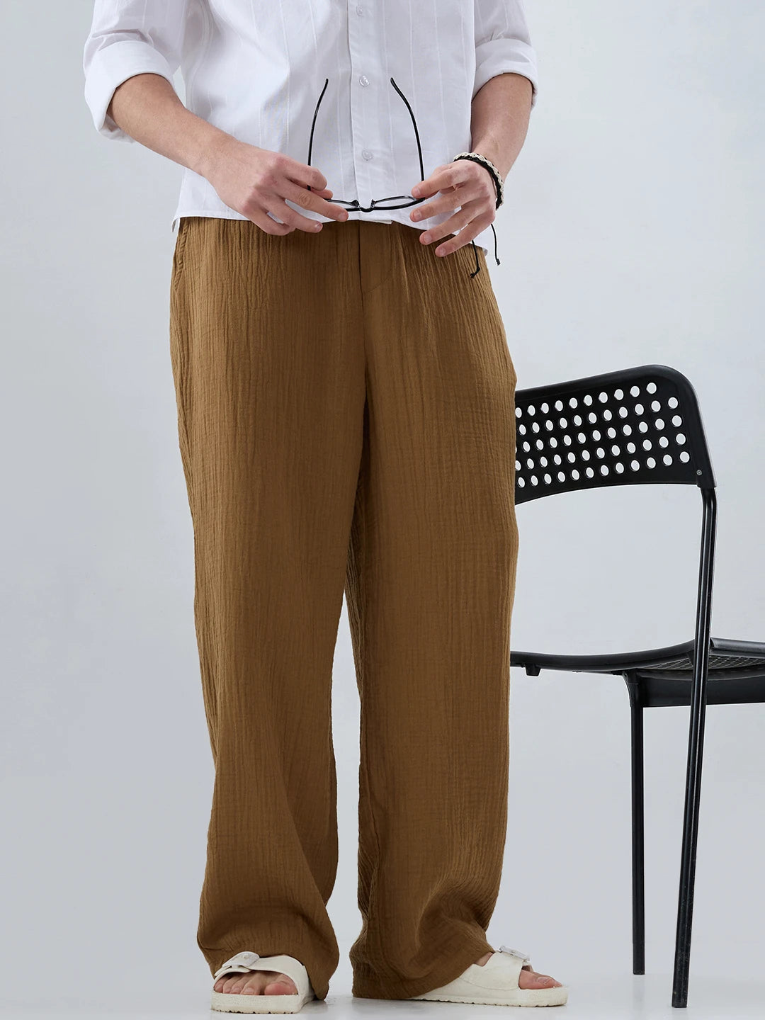 Sepia Brown Double Cloth Straight Fit Trousers