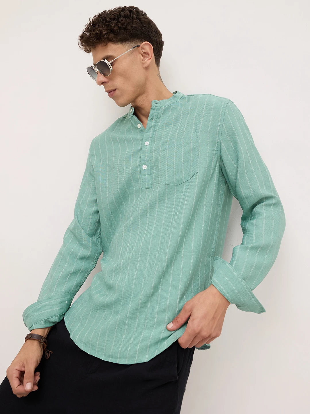 Fern Green Chalk Striped Kurta