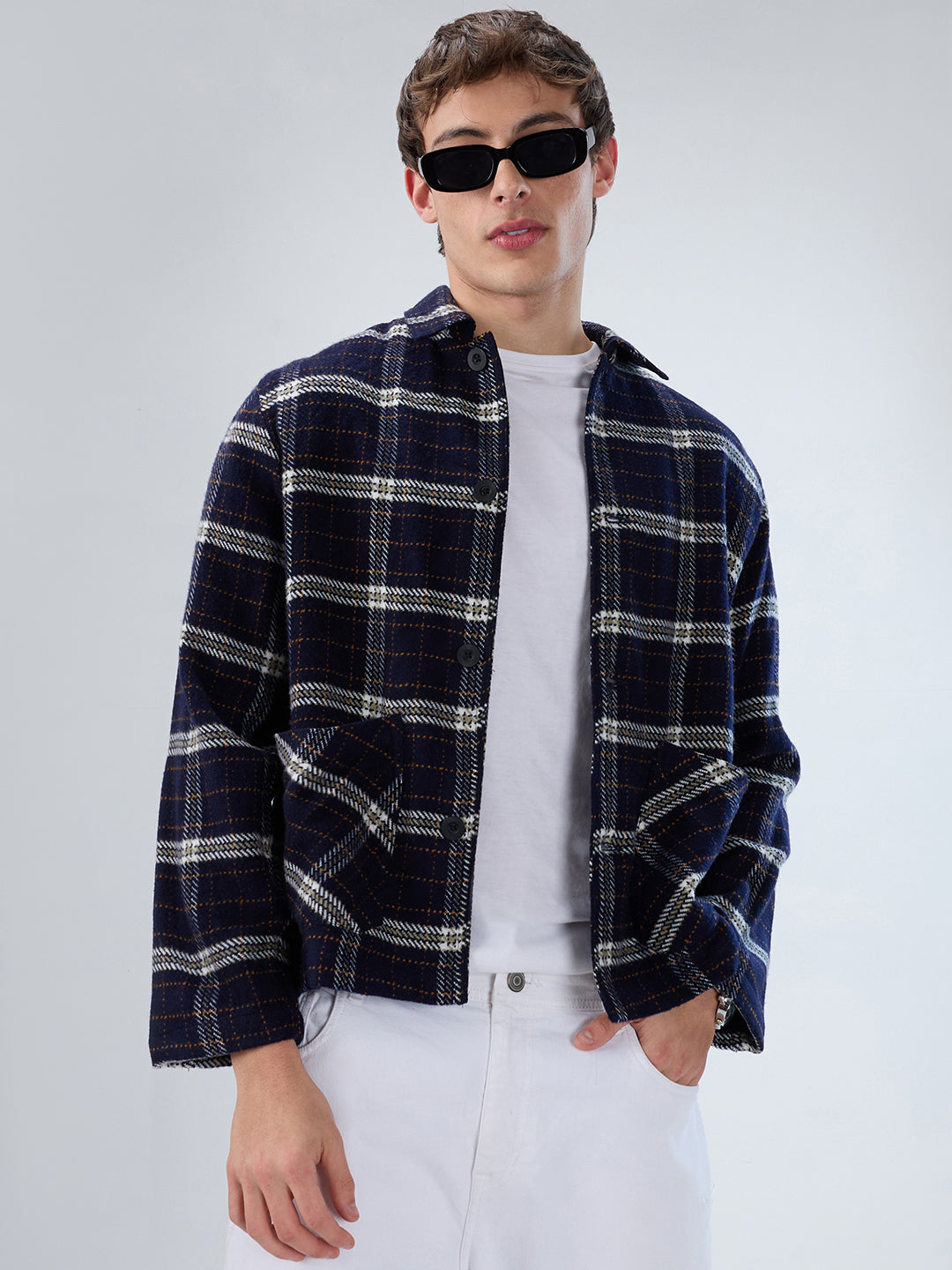 Navy Tartan Checks Double Pocket Flannel Shacket