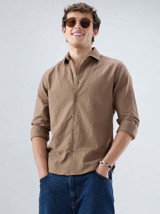 Mocha Brown Box Checks Embossed Double Cloth Shirt