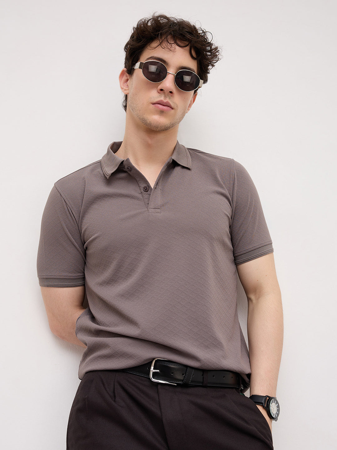Grey Diamond Weave Polo Knit T-Shirt