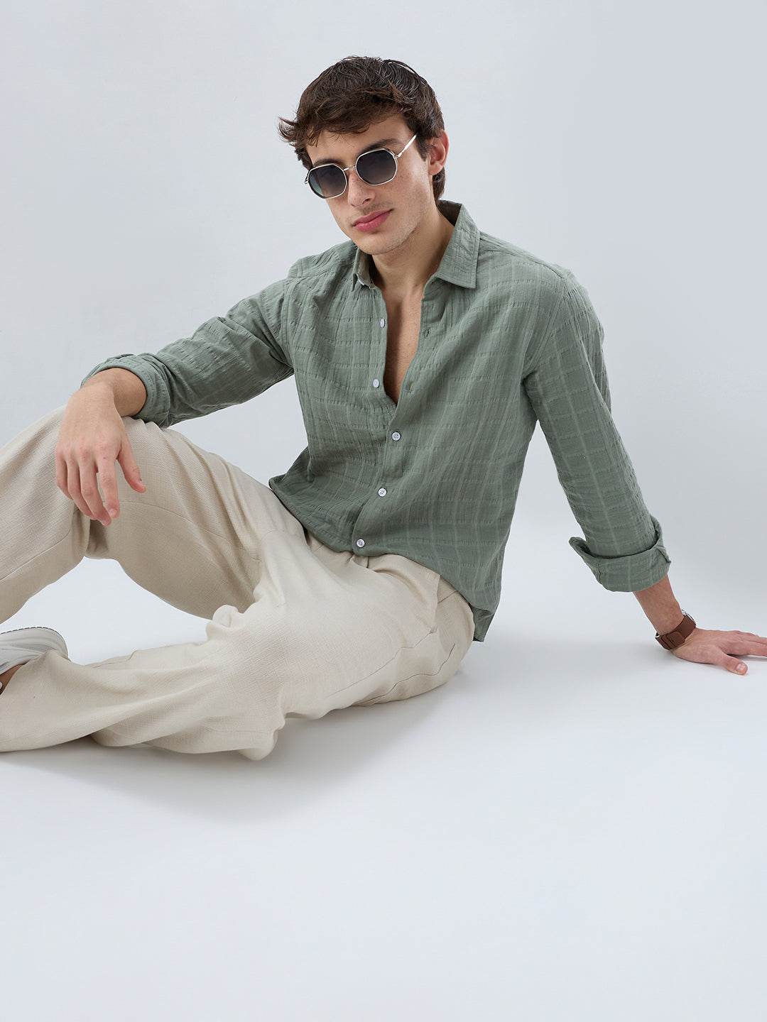 Sage Green Box Weave Double Cloth Seersucker Shirt