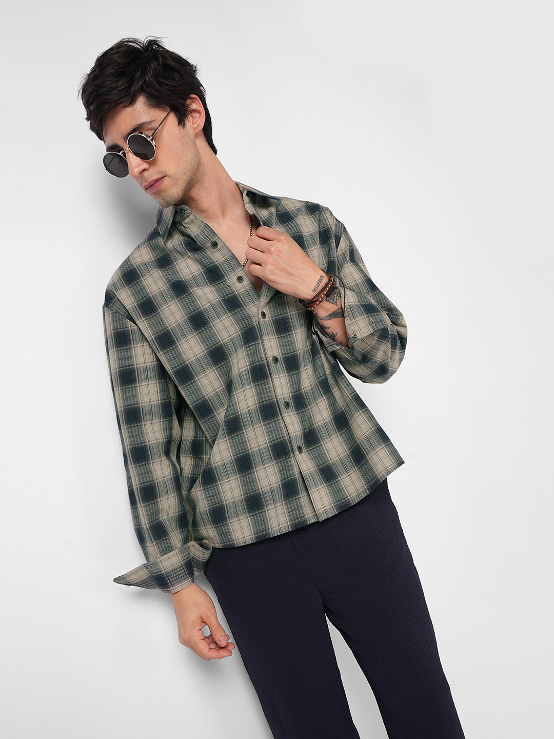 Midnight Navy & Sand Mist Textured Checks Boxy Fit Crop Shirt
