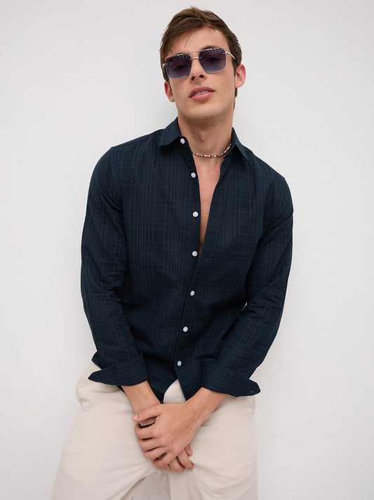 Plush Teal Ledger Checks Double Cloth Shirt