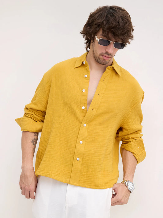 Radiant Gold Double Cloth Boxy Fit Crop Shirt