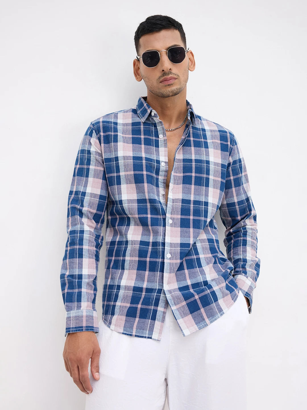 Denim Blue & Peach Multi Line Block Checks Shirt