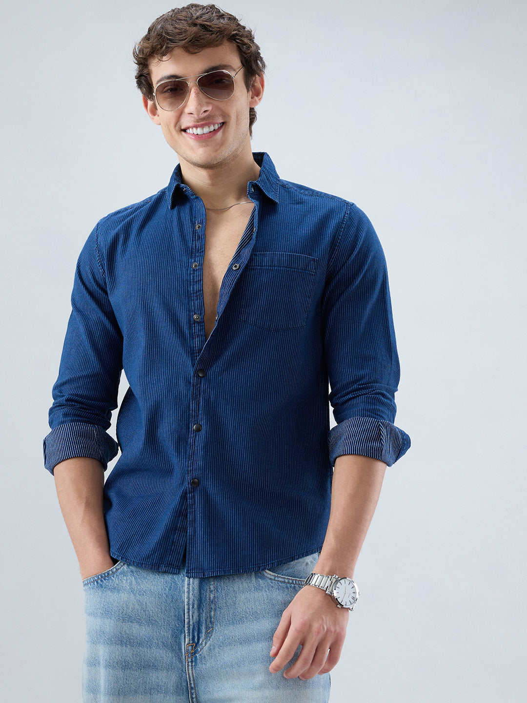 Soigné Navy Pinstripe Denim Shirt